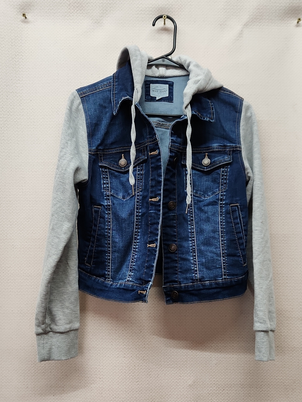 Wax Jean Blue Denim Jacket with Gray Hooded Sleeves